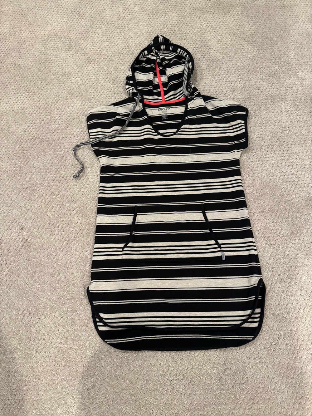 DKNY Navy and White Striped dress with Coral Trim